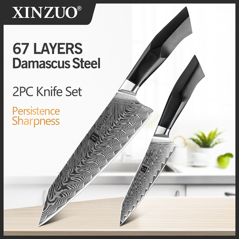 XINZUO Pro-cuchillo de fruta de acero de Damasco y carbono, Juego de cuchillos de cocina, con exquisita caja de regalo, 2 uds. ► Foto 1/6