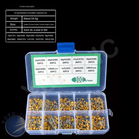 10 valores * 30pc = 300pc monolítico kit de condensador caja 100/10PF 200/20pf 300/30pf 470/47pf 560/56pf 680/68pf 101/100pf 102, 103 de 104 1NF ► Foto 1/3