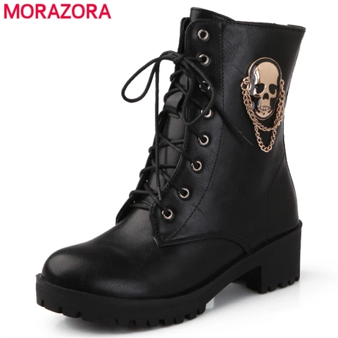 MORAZORA 2022 Venta caliente botines para las mujeres cráneo calle encaje mujeres plataforma botas moda Otoño Invierno botas zapato ► Foto 1/6