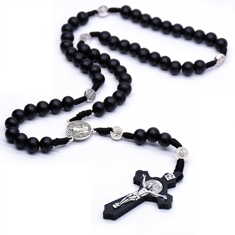 Qego-Colgante religioso de madera con Cruz Negra antigua para hombres y mujeres, collar con cuentas de Jesús, santo, Benito, joyería ► Foto 1/6