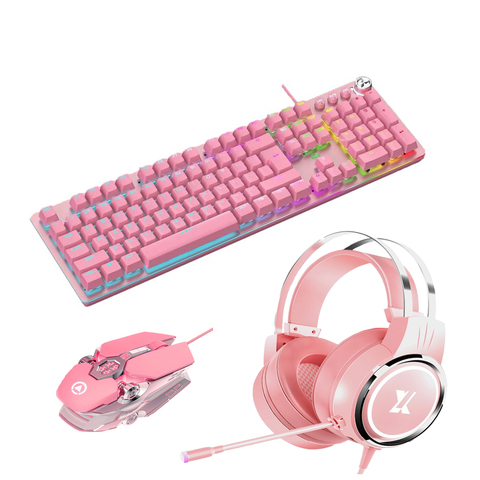 Juego de teclado y ratón mecánico Real rosa con interruptor azul para niñas, bonitos periféricos de ordenador para jugadores de e-sports ► Foto 1/4