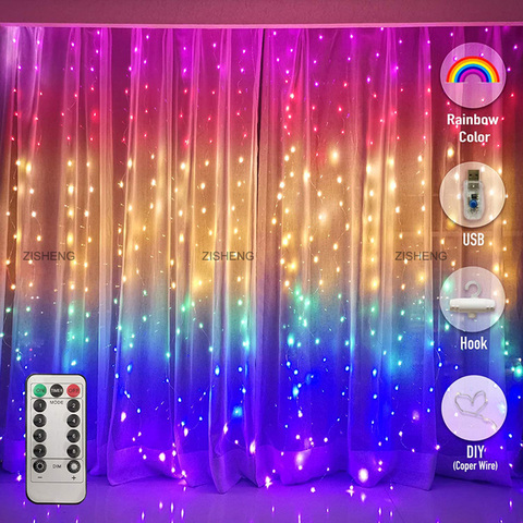Cortina de arco iris para decoración de árbol de Navidad, luces LED impermeables, hadas, guirnalda parpadeante para ventana, guirnalda de luces para dormitorio de niñas ► Foto 1/6