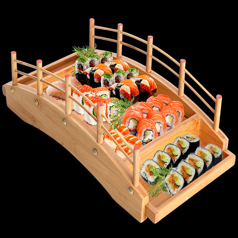 Plato de madera japonés para Sushi, decoración de servicio de mesa, puente, barcos, pino, Sushi creativo plato de Sashimi ► Foto 1/6