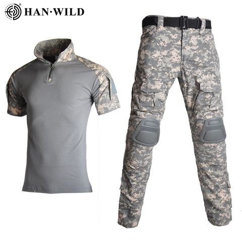 Camisa táctica militar, trajes de uniforme, camiseta de camuflaje, camisas de caza, camisa de combate militar + pantalones Cargo, rodilleras ► Foto 1/6