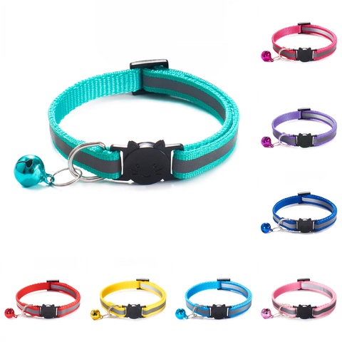 Collares con campanas para gatos de 18 colores, hebillas de nailon ajustables, Collar reflectante para mascotas, diseño de cabeza de gato, suministros para accesorios ► Foto 1/6