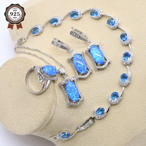 Conjunto de joyería nupcial de ópalo azul y plata 925 para mujer, anillos, pendientes, pulseras, colgante, collar de boda ► Foto 1/6