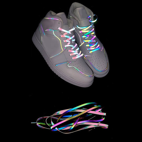 Cordones reflectantes holográficos, reflectantes de doble cara, alto reflectivo brillante, planos, zapatillas con cordones ► Foto 1/6