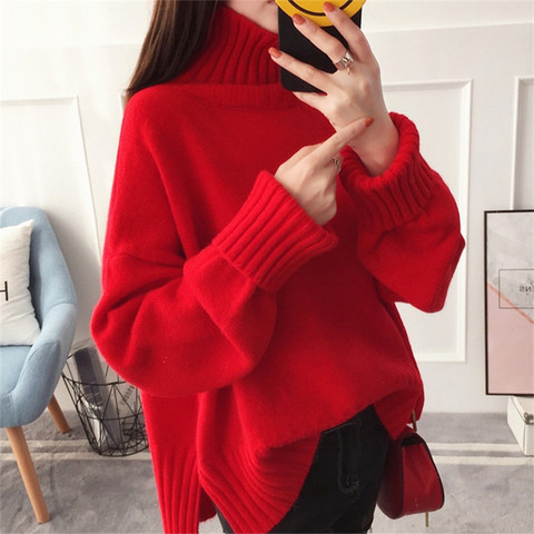 Suéter de punto de cuello alto para mujer, Jersey de punto rojo y rosa cálido, holgado, con cuello alto de punto de 3 colores para Otoño e Invierno ► Foto 1/6