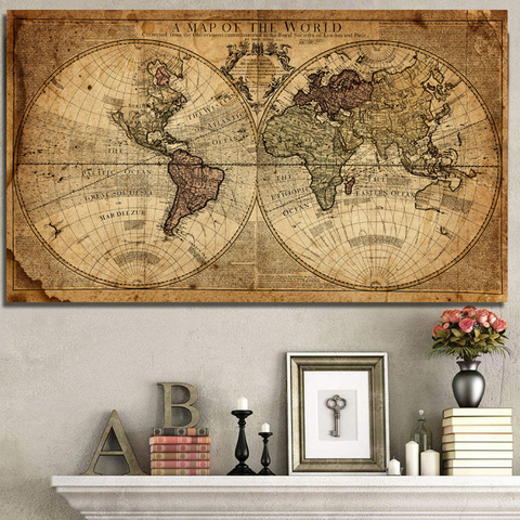 Un mapa del mundo Retro arte lienzo pinturas para habitación imprime carteles Cuadros pared arte casa decoración ► Foto 1/6