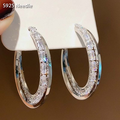 Pendientes de aro de aguja para mujer, de Plata de Ley 925, joyería con estilo, aretes de circonita cúbica grandes y redondos, elegantes ► Foto 1/6