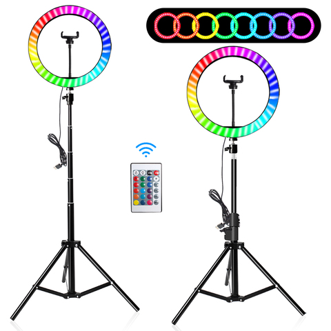 Anillo de lámpara de colores RGB con trípode, soporte de arcoíris con Clip de teléfono para Vlogging, Vídeo corto, YouTube, 10 pulgadas/26cm, Anillo de luz LED ► Foto 1/6