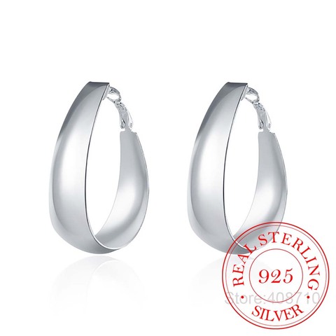 Estilo Europeo grandes pendientes Plata de Ley 925 auténtica bucle pendientes de estilo sencillo suave Oval aro pendientes para las mujeres joyería fina ► Foto 1/6