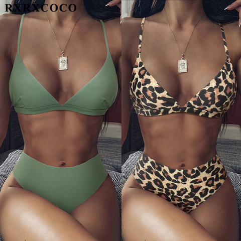 RXRXCOCO-bañador de cintura alta para mujer, ropa de playa de realce, traje de baño liso Sexy de leopardo Animal, Bikini para mujer 2022 ► Foto 1/6