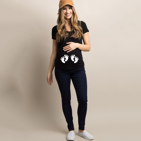Camisetas de maternidad de talla grande para embarazadas, ropa divertida informal de manga corta con huella de gemelos ► Foto 1/6
