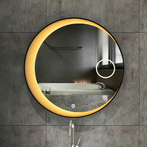 Espejo redondo con luces LED, cristal de reflejo con iluminación de alta calidad de 60 cm, 70 cm, 80 cm, color plateado con marco de metal negro perfecto para el baño ► Foto 1/6