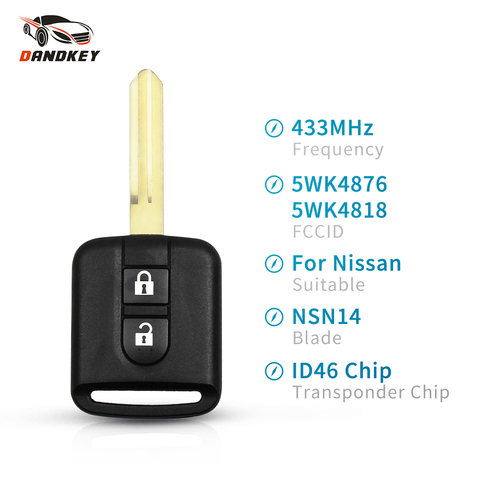 Dandkey mando a distancia de coche 2 botón 433MHz para Nissan Juke Nissan Navara Qashqai 2004, 2005, 2006, 2007, 2008, 2009, 2010 5WK4876 5WK4818 ► Foto 1/6