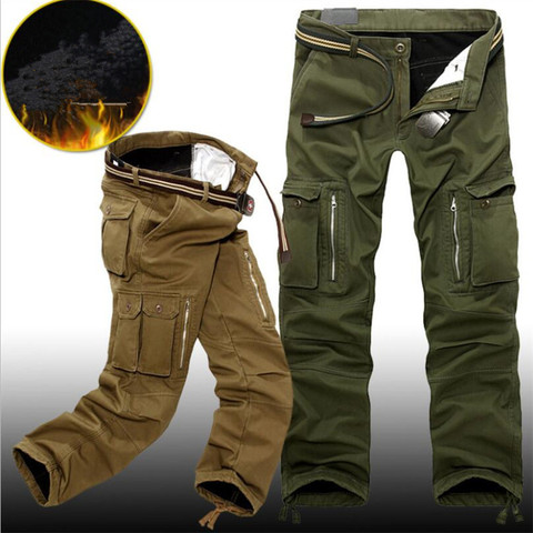 Pantalones tácticos cálidos de lana para hombre, Pantalón de algodón con cremallera, holgado, color verde militar, informal, grueso, talla 40 ► Foto 1/6