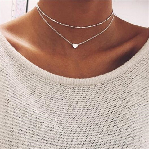 Gargantilla de corazón pequeño para mujer, collar con cadena de Color plateado, collar de amor pequeño, colgante en el cuello, Gargantilla Bohemia, joyería ► Foto 1/6