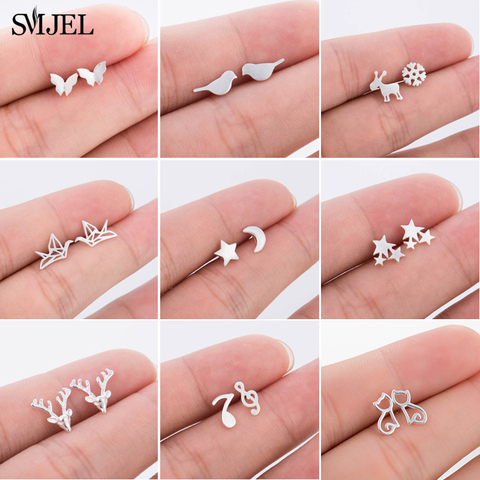 SMJEL-pendientes de plata de ley 925 auténtica con diseño de animales para mujer, aretes con diseño de pájaro, ciervo, fantasma, música, regalo de Navidad para niños ► Foto 1/6