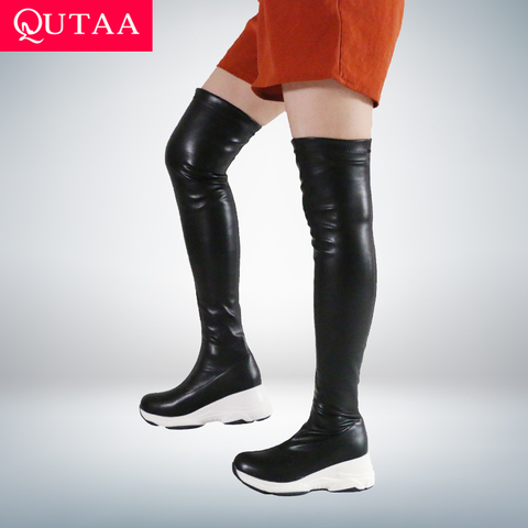 QUTAA 2022 del dedo del pie redondo de otoño e invierno zapatos de mujer Casual elástico de la PU por encima de la rodilla botas Tacón de Cuña larga las mujeres botas tamaño 34-43 ► Foto 1/6