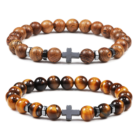 Pulsera con cuentas de madera de piedra Natural para hombre y mujer, brazalete con cuentas de Cruz de hematita de ónix para meditación, joyería de Yoga para hombre ► Foto 1/6