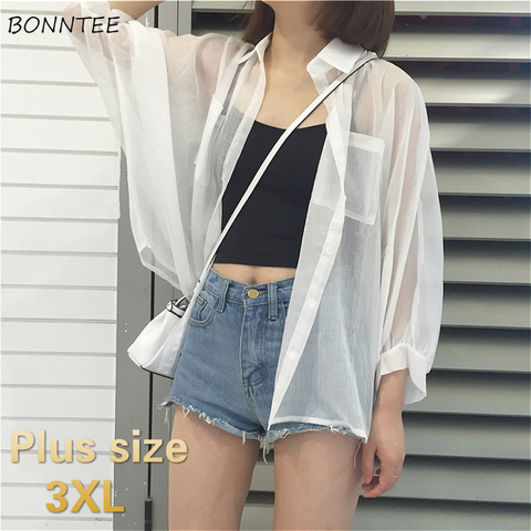 Blusas blancas básicas para mujer, blusas sencillas Ulzzang a prueba de sol para mujer, blusas de manga de murciélago con bolsillo a la moda, blusas de talla grande ► Foto 1/6