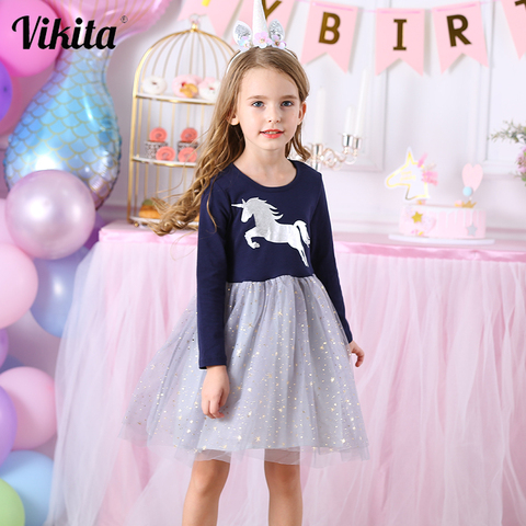 VIKITA-vestido de unicornio para niñas, vestidos de Otoño de manga larga para Navidad, vestidos de Año Nuevo para niños, vestidos escolares de princesa, ropa para niños ► Foto 1/6