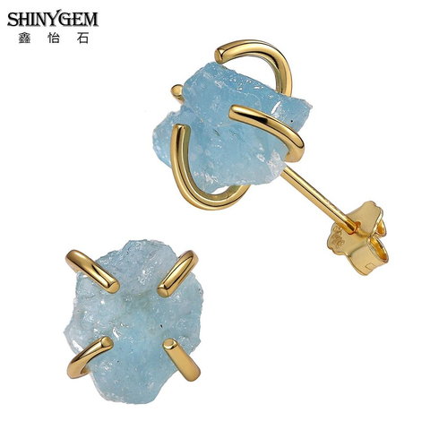 ShinyGem al azar 7*12mm naturales irregulares AquamarineStud 925 pendientes chapado en oro plata encanto azul de la piedra de la gema pendientes para las mujeres ► Foto 1/6