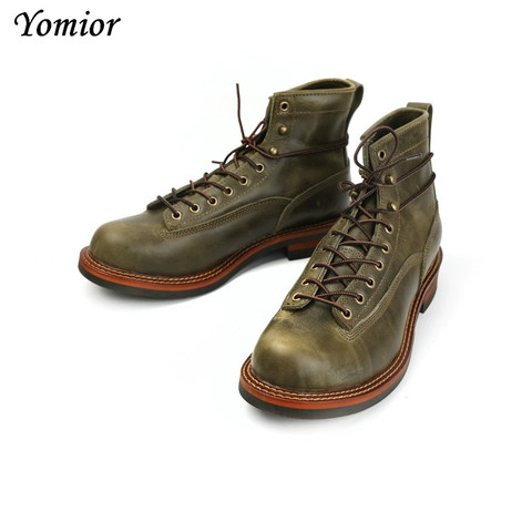 Yominior-Botas de cuero de vaca hechas a mano para hombre, zapatos Vintage de alta calidad, botines de moda de otoño e invierno, botas para motocicleta con punta redonda ► Foto 1/6