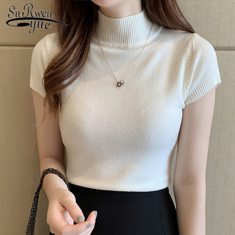 Mujer ropa Casual coreano De punto las mujeres Blusas De Mujer De Moda De primavera novedad De verano sólido Slim cuello blusa Blusas 8622 ► Foto 1/6