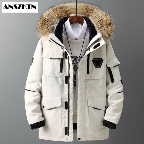 Chaqueta gruesa de plumón para hombre, Parka cálida con cuello de piel Real grande, abrigo informal impermeable de 30 grados, talla 3XL, Invierno ► Foto 1/1