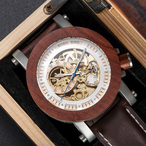 BOBO BIRD-reloj de pulsera mecánico de madera para hombre, cronógrafo automático con correa de cuero, regalo de Navidad ► Foto 1/6