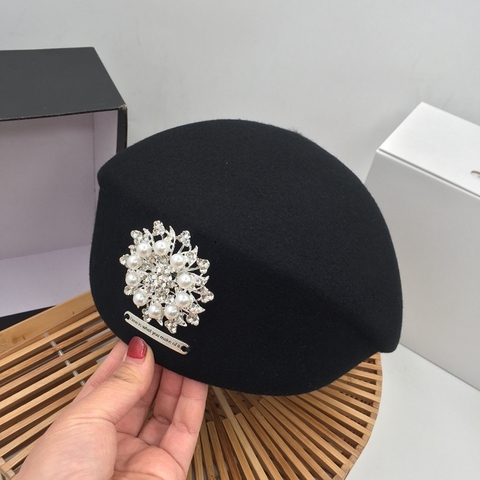 Boina de pintor de lana negra con diamantes brillantes para mujer, sombrero para azafata de otoño e invierno, versión japonesa coreana ► Foto 1/6