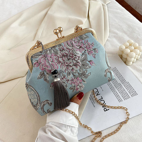 Bolso de hombro con cadena para mujer, bandolera cruzada con cadena, estilo Vintage de otoño, con diseño de flores, con cierre de beso ► Foto 1/6