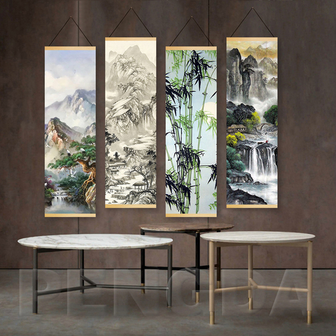 Cartel impreso de lienzo nórdico para decoración del hogar, pintura de paisaje chino con tinta, arte de agua para regalo ► Foto 1/5