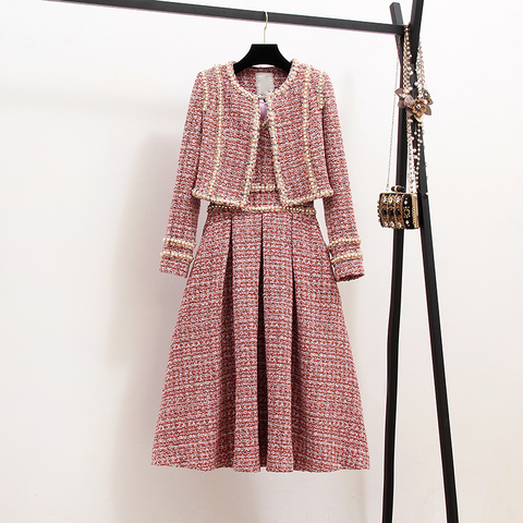 Vestido y chaqueta de Tweed de lujo para mujer, conjunto de 2 piezas, Chaqueta corta de Tweed, abrigo + Chaleco de cuentas, conjuntos de vestido, otoño e invierno, 2022 ► Foto 1/6