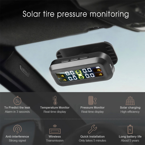 Tpms de energía Solar con alarma de presión de neumático de coche, sistema de Monitor en tiempo Real, pantalla acoplada a Cristal, Tpms inalámbrico con 4 sensores ► Foto 1/6