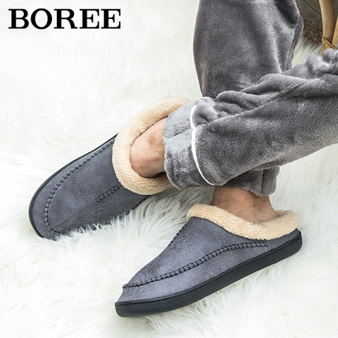 BOREE-zapatilla de casa para hombre, de Color sólido, para otoño e invierno, para interior, con abalorios, pantuflas de algodón de ante ► Foto 1/6