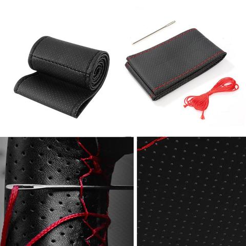 1 PC DIY cubierta del volante del coche con agujas e hilo de cuero Artificial gris/Negro apto para el diámetro 38cm Venta caliente ► Foto 1/6