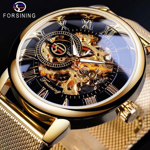 Forsining-reloj mecánico de acero inoxidable para hombre, funda transparente, a la moda, con logotipo 3D, grabado, dorado, esqueleto de lujo, 2017 ► Foto 1/6