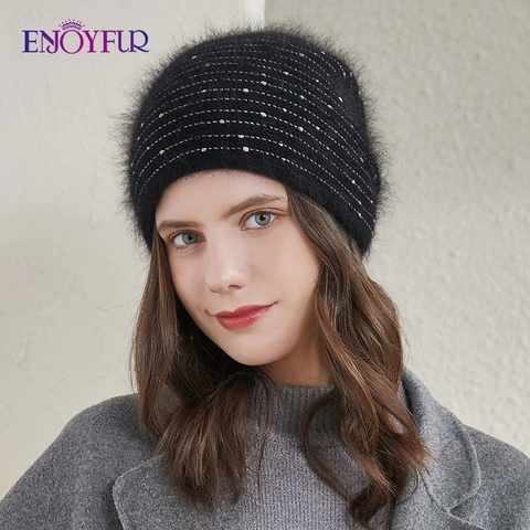 ENJOYFUR-gorros de punto para mujer, gorros gruesos y cálidos de piel de conejo, con diamantes de imitación, a la moda, de buena calidad, para invierno ► Foto 1/6