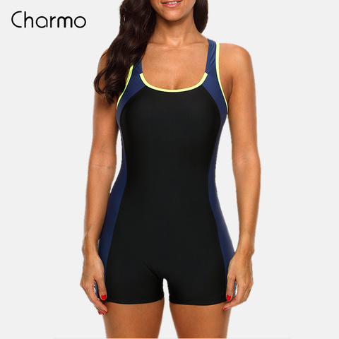 Charmo-ropa de baño deportiva para mujeres, bañador deportivo de una pieza con bloque de color, ropa de playa con espalda abierta, diseño de varias telas, fitness ► Foto 1/5