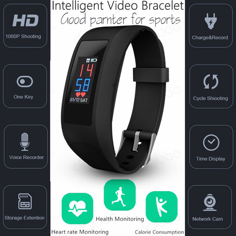 Espiado táctil inteligente podómetro pulsera calorías Monitor de ritmo cardíaco reloj inteligente cámara HD 1080P HD Video y sonido grabador DV deportes ► Foto 1/6