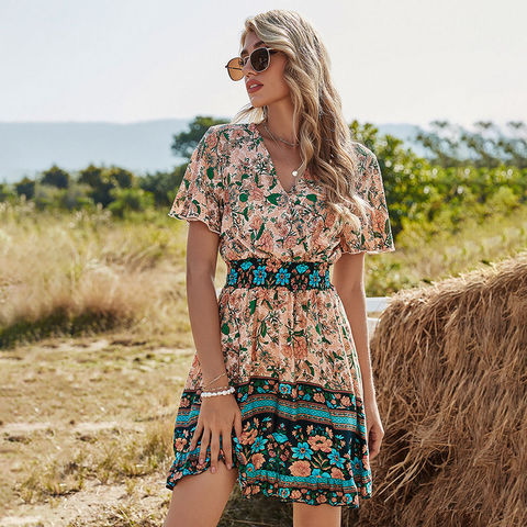 2022 primavera nueva Bohemia vestido Floral de las mujeres de cuello en V de Alta cintura manga corta vestido para las mujeres de moda verano vestido ► Foto 1/1