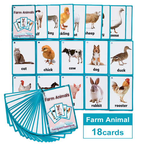 Juego de 18 unidades de animales de granja Montessori para niños, cartas de aprendizaje en inglés, tarjeta de palabras, tarjeta Flash de bolsillo, juguetes educativos para edades tempranas ► Foto 1/6