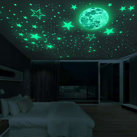 Pegatinas de pared de estrellas y Luna luminosa para habitación de niños, decoración para el hogar, calcomanías que brillan en la oscuridad ► Foto 1/6