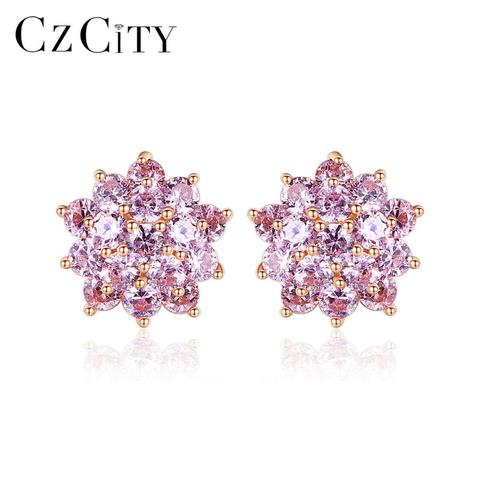 CZCITY-pendientes de plata de ley 925 auténtica con forma de flor para mujer, joyería fina, aretes de circonia cúbica rosa, bisutería, regalo de Navidad ► Foto 1/6