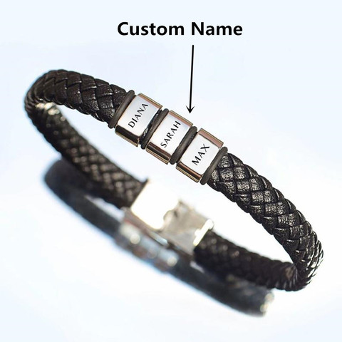 Pulsera de cuerda trenzada de cuero genuino para hombre, brazalete personalizado con nombre, cuentas de 1 a 9 nombres, regalo de joyería con caja de regalo ► Foto 1/6