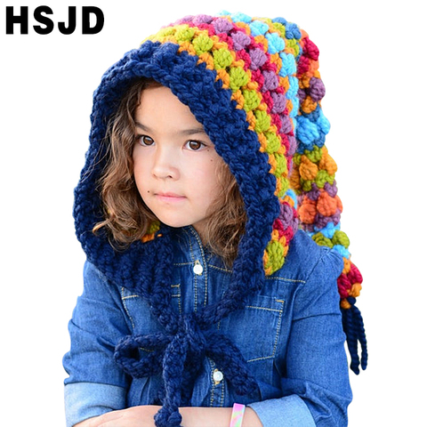 Gorros de invierno para niños, gorro hecho a mano de elfo de ganchillo, gorro de punto cálido con cuello falso de arcoíris, sombrero de elfo con capucha, gorra para niño o niña, gorro de Navidad ► Foto 1/6