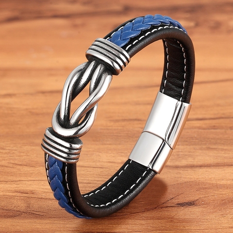 Pulsera de cuero de acero inoxidable para hombre, brazalete de cuero negro y azul con cierre magnético tejido a mano, regalo de joyería de Navidad ► Foto 1/1